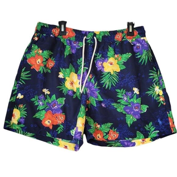 Polo Ralph Lauren Swim Trunks XL Navy Floral Hawaiian Shorts 5" Inseam EUC - Picture 3 of 10